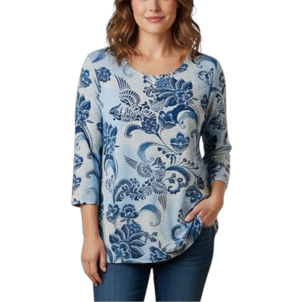 Chico's Blue Gray Floral 3/4 Soft Top Silver Accents 0 Small